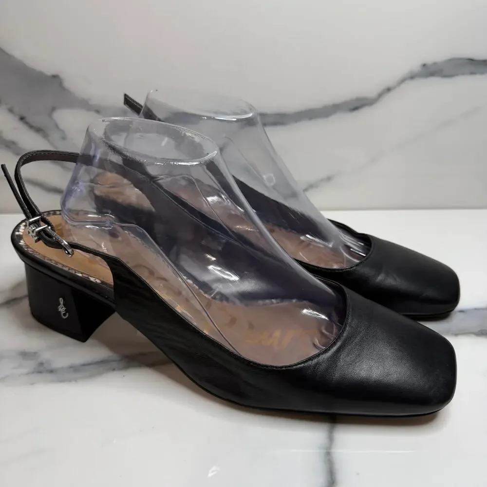 Sam Edelman Women's Black Leather Terra Slingback Pumps Sz 10 Classic Minimalist - Picture 1 of 5